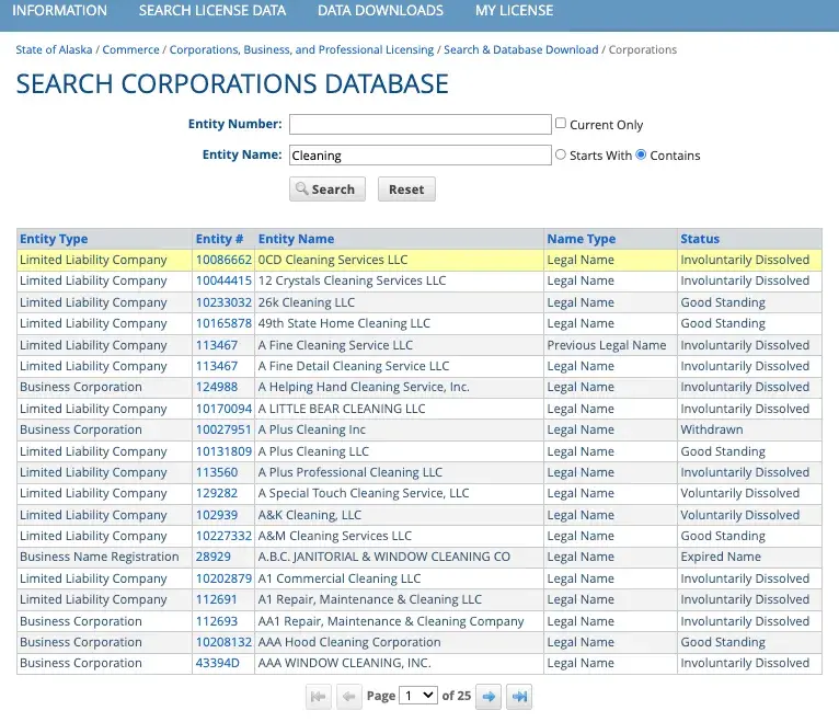 Alaska.gov website business entity search results page