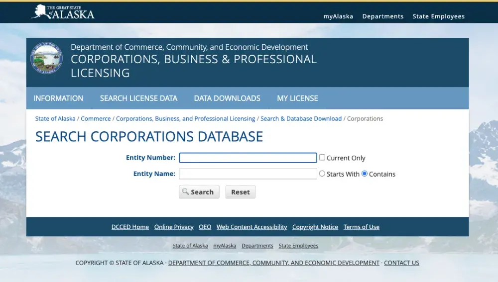 Alaska.gov website business entity search