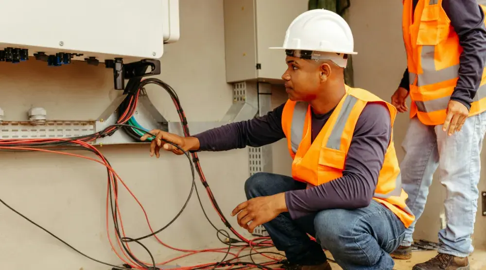 A Wisconsin business owner in a hard hat and orange safety vest checks cables on a building. registering your small business as an LLC could be a smart move financially in Wisconsin.