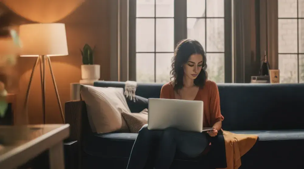 A woman sits on her living room couch and researches online how to get a divorce in Oklahoma.