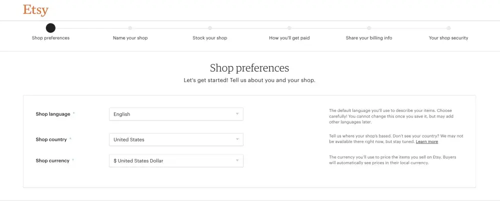 Screenshot from Etsy: shop preferences dashboard.