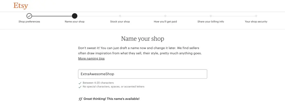 Screenshot from Etsy: shop naming process flow.