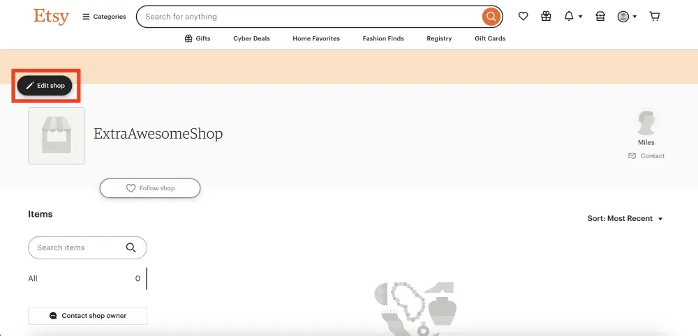 Screenshot from Etsy: seller shop dashboard.