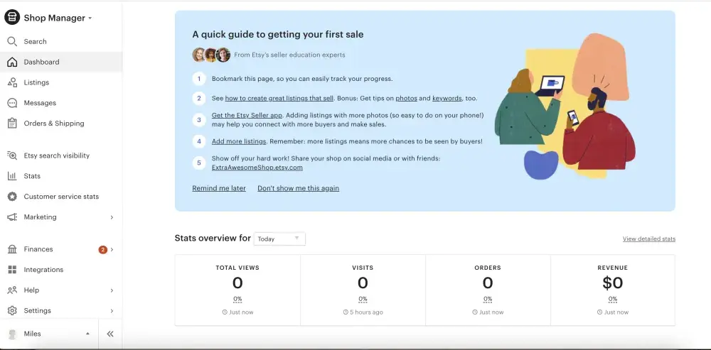 Screenshot from Etsy: shop manager dashboard.