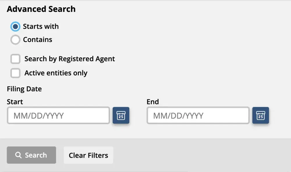 Screenshot of the Idaho SoS website business search function options