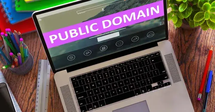 Open computer sitting on a desk with the words "public domain" on the screen