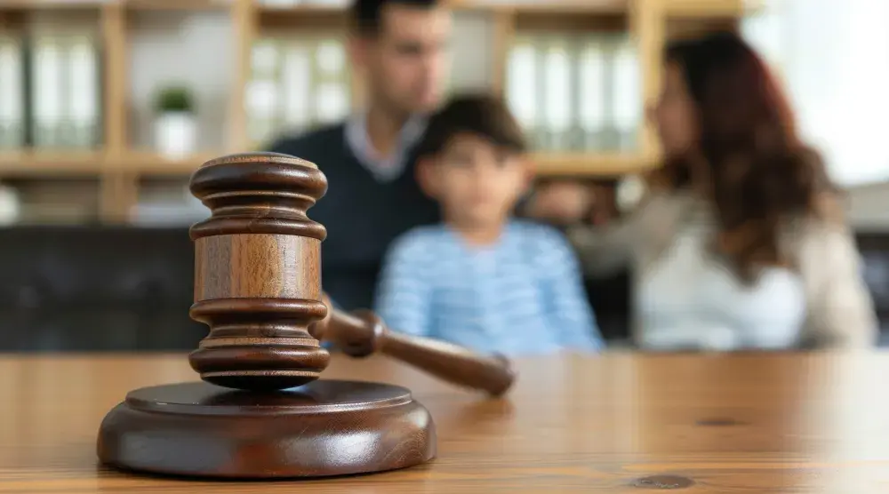 A judge's gavel rests on a dark-wood desk. In the background, a young boy sits between his divorcing parents who are discussing alimony payments