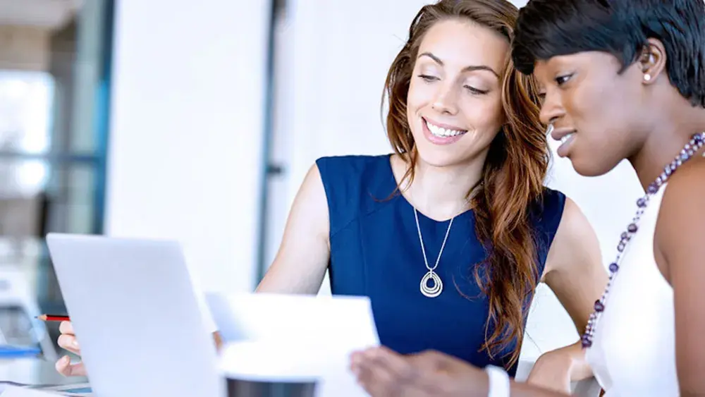 Partners in a new business venture check their paperwork against a website before sending in their documents.