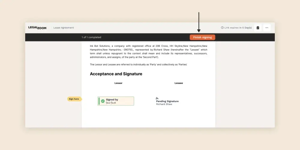 A signer has to click the 'Finish signing' button once all signature fields have been completed.