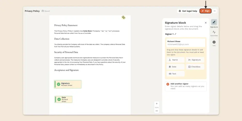 Creating signatures with LegalZoom: Upload your PDF file, add signature boxes, and hit the “Sign” button to add your signature.