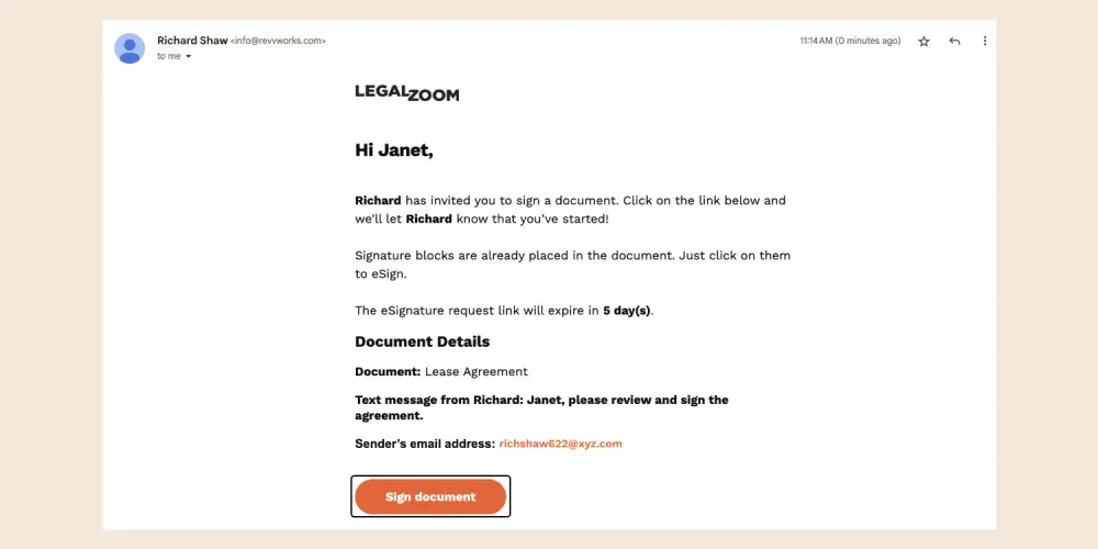 Signers will receive an email with the document link embedded in it. Click the 'Sign document' button to open the document sent for eSignatures.