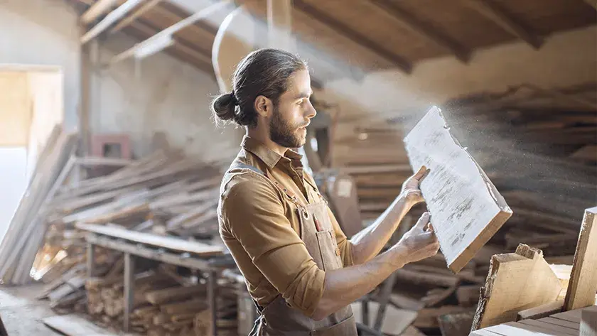 man working in woodshed cutting wood 